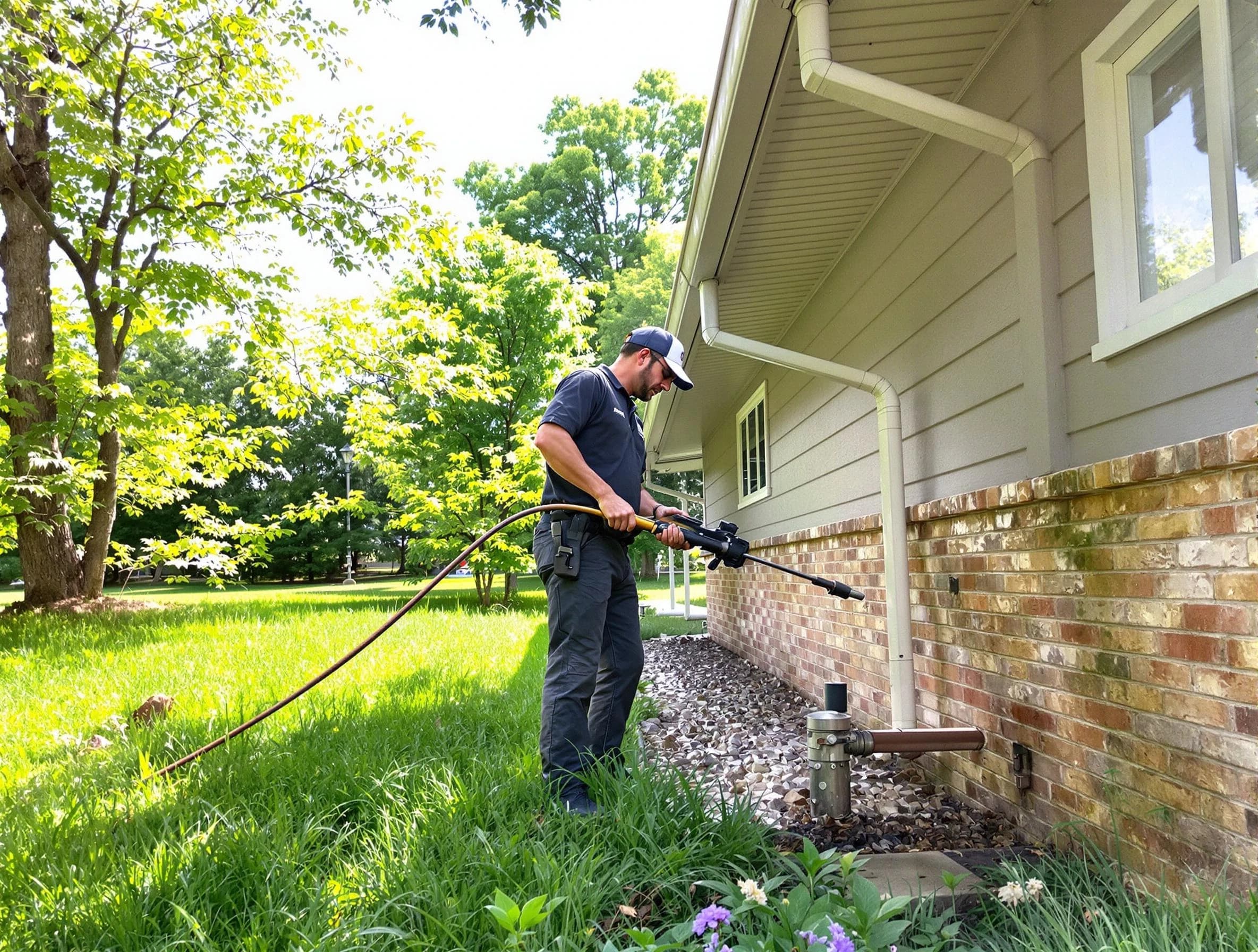 Lorain Roofing Company removing debris from a downspout in Lorain, OH