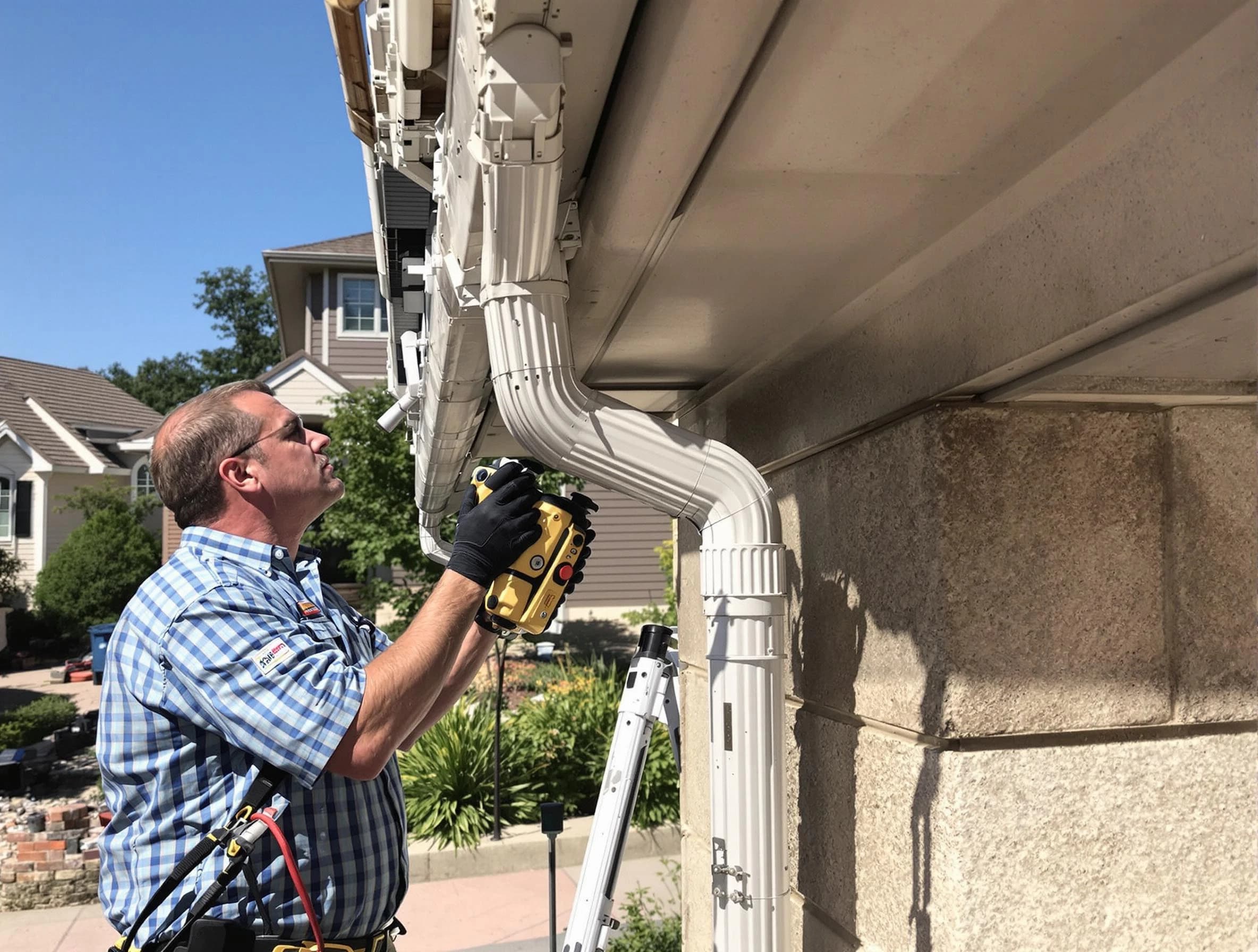 Close-up of a restored downspout system by Lorain Roofing Company in Lorain, OH