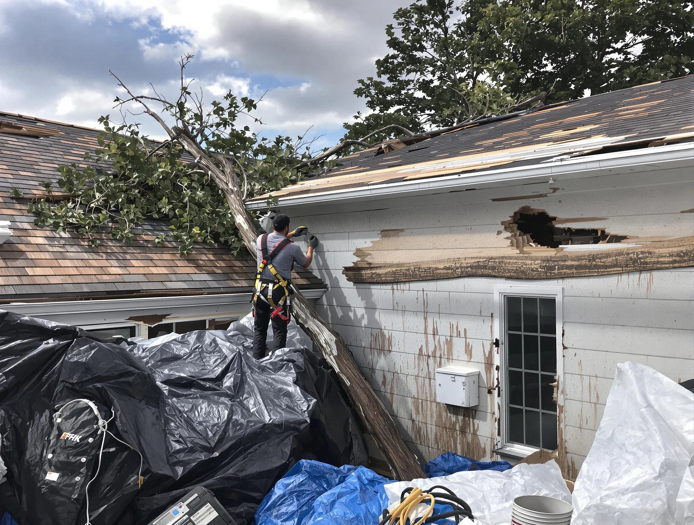 Lorain Roofing Company technicians handling urgent roof damage in Lorain, OH