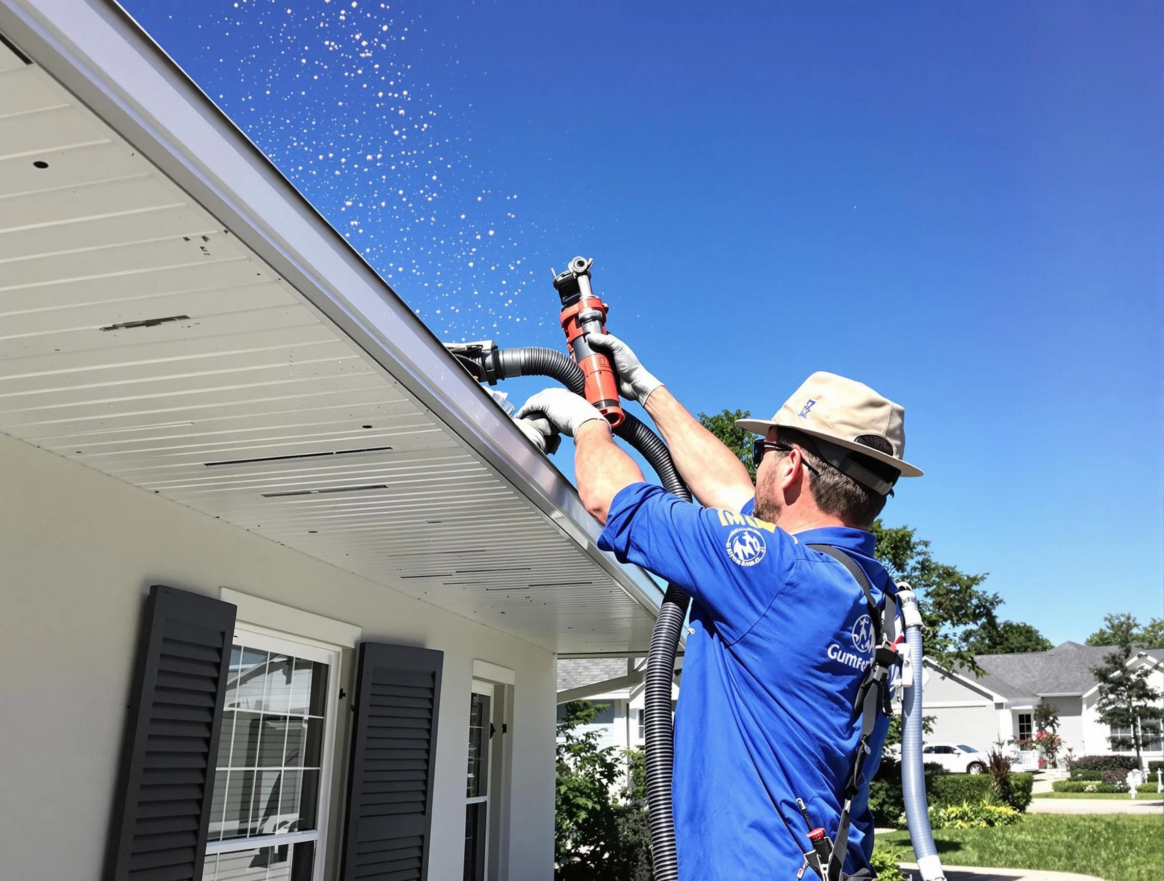 Technician completing a gutter cleaning project by Lorain Roofing Company in Lorain, OH